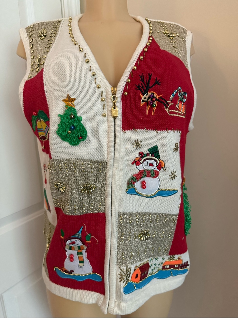 Lisa International Red White Cream Festive Christmas Sweater Vest - V-Neck Zip